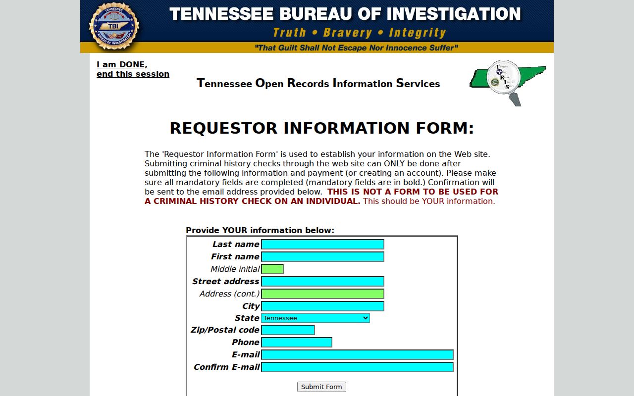 Clay County arrest lookup TORIS requestor fields