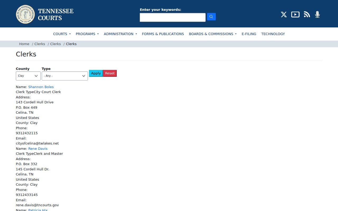 Clay County criminal court cases official clerk directory
